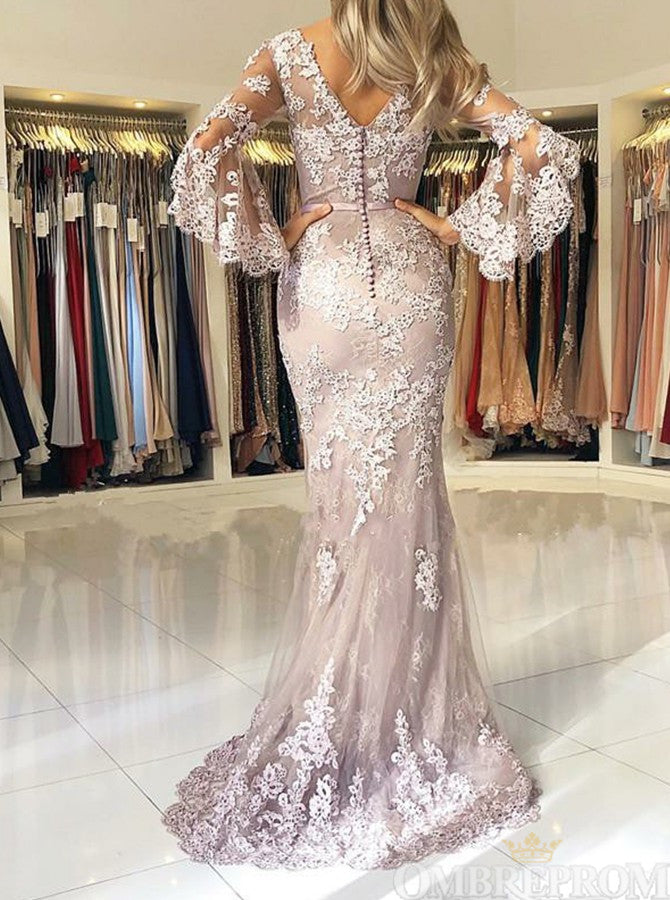 V Neck Long Sleeves Lace Mermaid Prom Dresses with Appliques