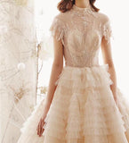 Elegant High Neck Ball Gown Wedding Dresses Short Sleeve Quinceanera Dresses