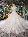 Lace Half Sleeve Round Neck Ball Gown Wedding Dresses Fashion Beads Wedding Gown