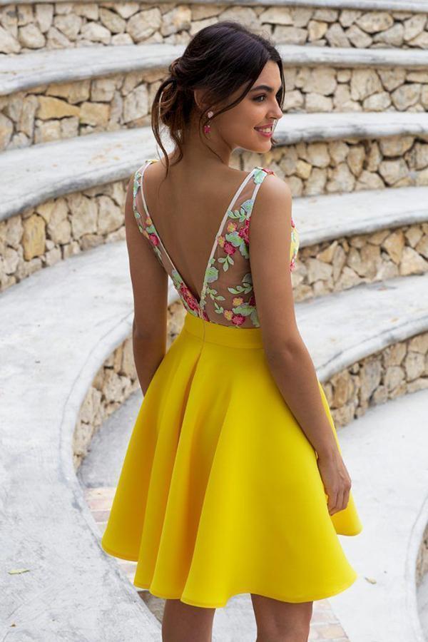 Yellow Floral Satin Illusion Back Daffodil V Neck Homecoming Dresses Short Cocktail Dresses
