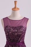 2024 Grape Homecoming Dresses Scoop A Line With Sash And Beads PBFAN8RB
