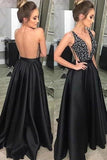 2022 Prom Dress V Neck Satin With Beads And Sequins P9CF6DSC