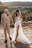 Sexy See Through Thigh Split V Neck Beach Wedding Dresses Beads Tulle Vintage Bridal Dress STG15531