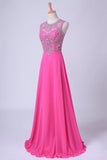 2024 Scoop A-Line Chiffon&Tulle Floor-Length Prom Dresses With Beads PDHB8NG4