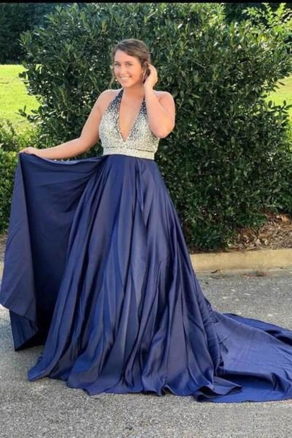 2022 Prom Dress Halter Satin With Beads&Sequins Open Back PT7THRB1