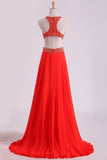 2022 Prom Dresses Scoop A Line Orange Red Chiffon With Beading Sweep PQR7AERZ