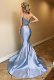 Two Piece Satin Prom Dresses With Lace Spaghetti Straps Mermaid Long Party STGPLPBLEY2