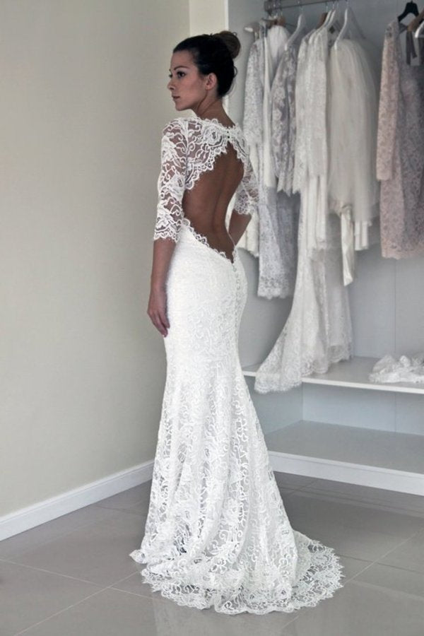 2022 Mermaid Scoop Wedding Dresses 3/4 Length Sleeves Lace PF4HC4RL
