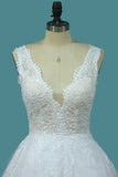 2024 A Line Lace V Neck Wedding Dresses With Applique Open Back P81HSPMH