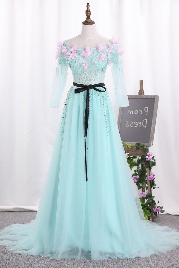 2022 New Arrival A Line Boat Neck Tulle Prom Dresses With Handmade Flowers P7HC1ECB