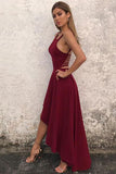 Unique A Line Burgundy High Low Sleeveless Backless Prom Dresses, Cheap Evening Dresses STG15450