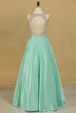 2024 Sexy Open Back Scoop Prom Dresses A Line Satin & Tulle PKPC69KA