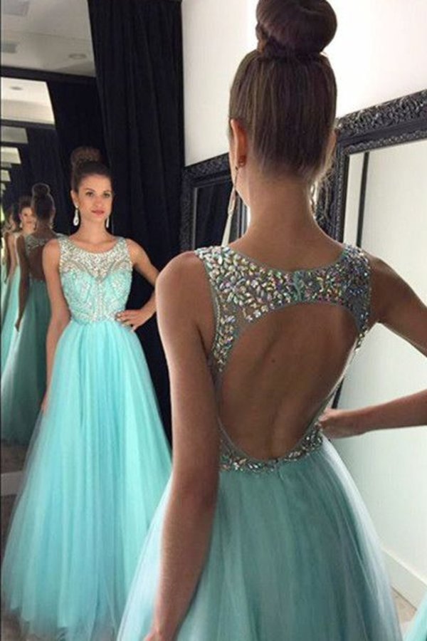 2022 Prom Dresses A Line Scoop Beaded Bodice Tulle Open Back PKRCTPQB