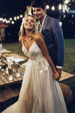 A Line Spaghetti Straps V Neck Beach Wedding Dresses Backless Summer Bridal Dresses STG15494