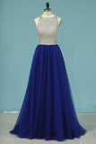 2024 A Line Scoop Beaded Bodice Prom Dresses Open Back Tulle P6C9L56D
