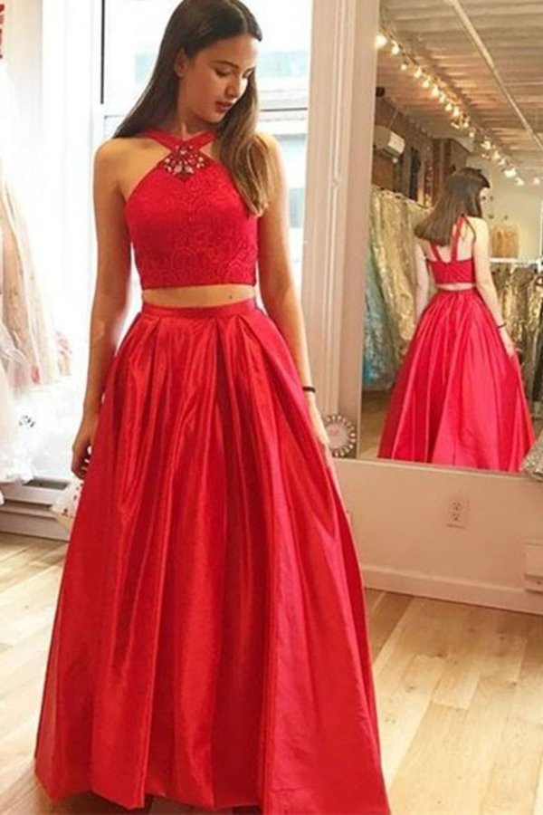 2022 Prom Dresses Straps Two-Piece Satin & Lace With P9M467S4
