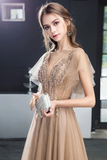 A Line V Neck Short Sleeves Long Tulle Prom Dress Evening Dresses With STGP7MZF43L