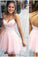 Sexy Short Cute Pink Spaghetti Straps Tulle Mini Junior Backless V-Neck Homecoming Dress