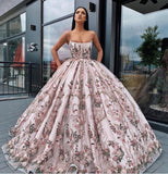 Princess Ball Gown Spaghetti Straps Beads Floral Print Prom Dresses Long Quinceanera Dress STG15294