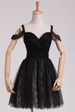 2024 Black Straps A Line Homecoming Dresses Lace With Ruffles & PFNBL45P
