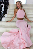 2 Pieces Pink Open Back Halter Long Evening Dresses Beautiful Prom