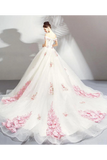 Unique Off The Shoulder Tulle Wedding Dress With Pink Flowers Ball Gown Wedding STGPQ4NB2CL