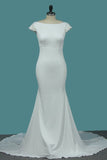 2024 Bateau Short Sleeves Wedding Dresses Open Back Spandex PYNFY5X8