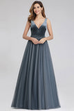 A-Line V-Neck Sleeveless Blue Floor-length Evening Dress Cheap Prom Dresses STG15055