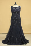 2022 Plus Size See-Through Prom Dresses Scoop Mermaid Tulle With Applique And Beading P2PHBMAR