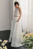 Two Piece Crew Sleeveless Sweep Train Open Back Ivory Lace Cheap Wedding Dresses uk PW206