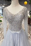 2024 Long Sleeves V Neck Prom Dresses Tulle A PCT51D58