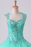 2022 Mint Sweetheart Floor Length Beaded Bodice Quinceanera Dresses Tulle Ball PC88FPDT