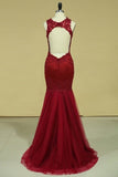 2024 Sexy Open Back Prom Dresses Mermaid Scoop Tulle With Applique PPH8TBRK