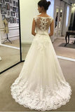 A Line Lace Appliques Tulle Ivory Scoop Long Wedding Dresses Cheap Bridal Dresses