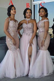 Mixed Style Long Lace Appliques Mermaid Tulle Blush Pink Long Bridesmaid Dresses