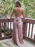 Pink V Neck Sweep Train A Line Backless Party Dresses Bridesmaid Dresses