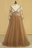 2022 Plus Size Long Sleeves V-Neck A-Line Prom Gown Tulle With Sash & PGJ8KANH