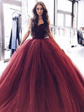 Ball Gown Burgundy Tulle Strapless Sweetheart Prom Dresses Quinceanera STG11061