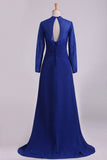 2022 Mother Of The Bride Dresses Long Sleeves Chiffon With Applique Open Back Dark Royal PYMJCX7S