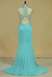 2024 High Neck Open Back Prom Dresses With Applique Sweep Train PYF6S4CQ