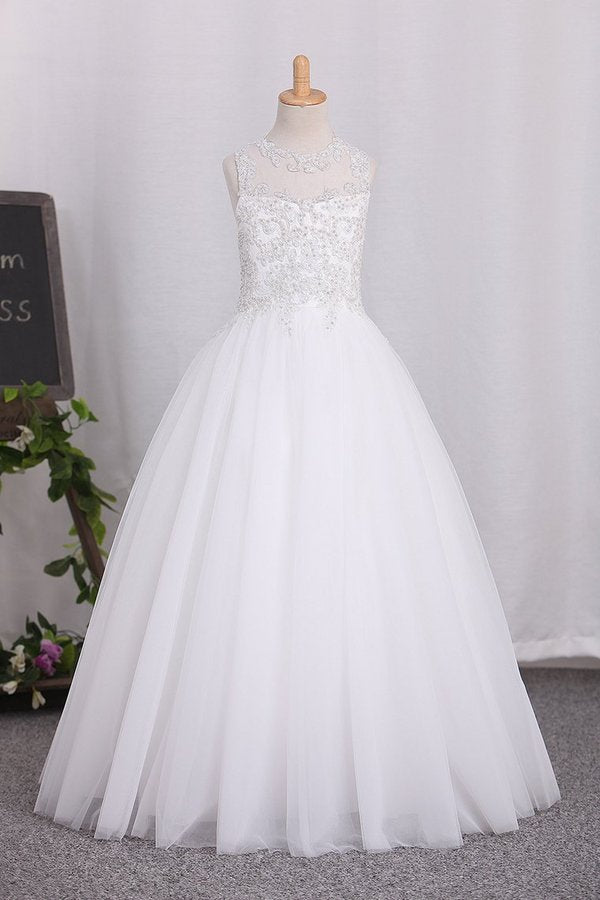2022 New Arrival Scoop Tulle A Line Flower Girl Dresses With Applique PLFZLQQP