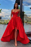 Elegant A Line Red Strapless High Low Prom Dresses with Pockets, Long Party Dresses STG15148