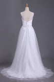 2024 A Line V Neck Open Back Wedding Dresses Tulle With Ruffles And Handmade P22NJLDS
