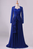 2022 Mother Of The Bride Dresses Long Sleeves Chiffon With Applique Open Back Dark Royal PYMJCX7S