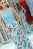 Elegant Mermaid Halter Two Pieces Blue Floral Prom Dresses, Beads Evening Dresses STG15178