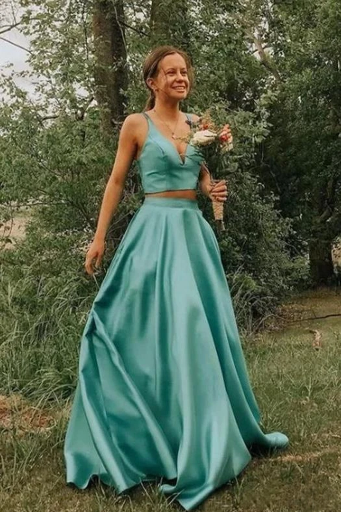 Simple A Line Two Pieces V Neck Satin Prom Dresses Cheap Formal STGPQ87T2TL