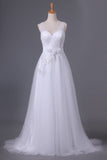 2024 A Line V Neck Open Back Wedding Dresses Tulle With Ruffles And Handmade P22NJLDS
