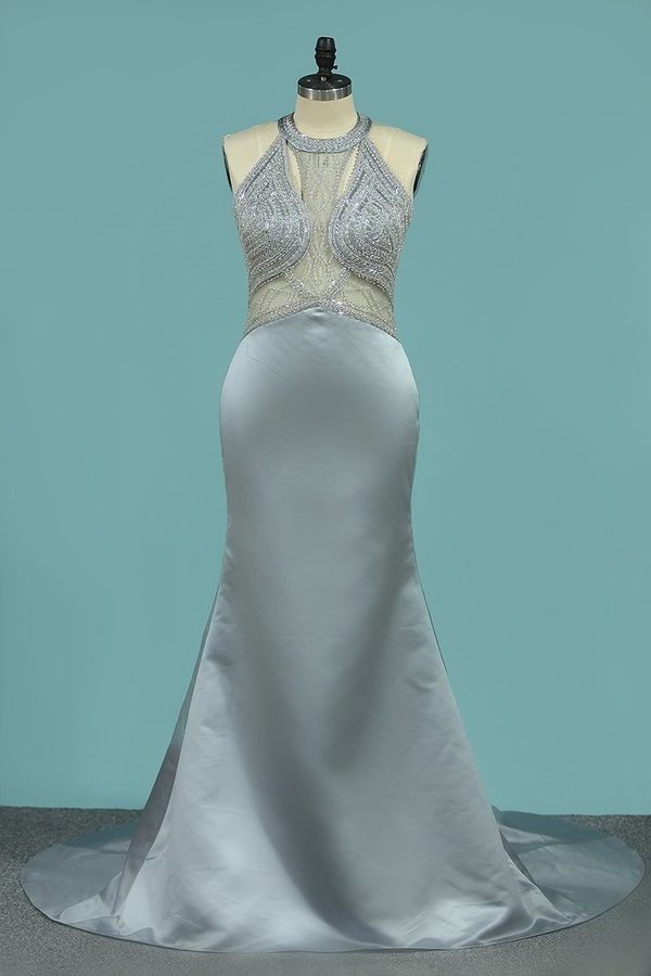 2022 Open Back Prom Dresses Mermaid Scoop Satin PF68YZCM