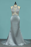 2022 Open Back Prom Dresses Mermaid Scoop Satin PF68YZCM