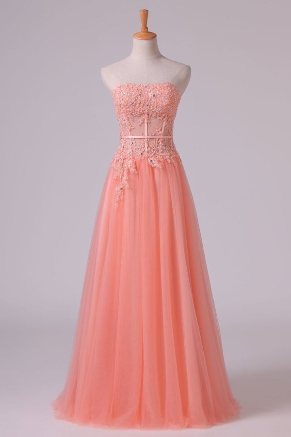 2022 New Arrival Strapless A Line Prom Dresses Tulle With PB8FNQMC